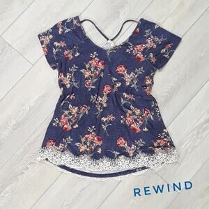 REWIND Navy Floral Knit Top Size S Casual T-shirt Lace Trim Criss Cross Back